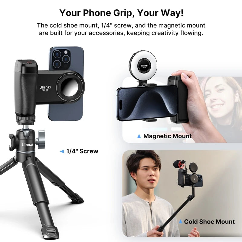 Ulanzi MA35 MagSafe Phone Camera Grip with Bluetooth Shutter – Handheld Selfie Stabilizer for Vertical & Horizontal Shooting